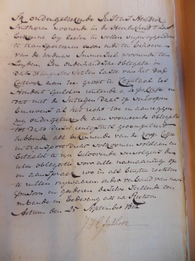 Obligatiebewijs van Justus Hendrik 25.9.1802. Gemeentearchief Katwijk Inventarisnummer 1454