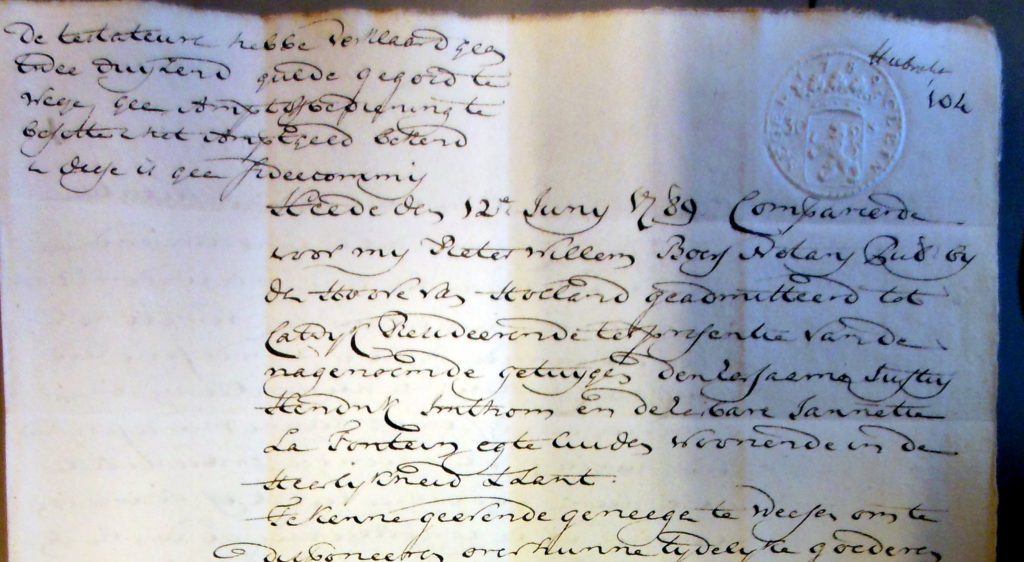 Deel van het testament van Justus Hendrik Imthorn en Jannetje La Fonteijn. dd. 12.6.1789.