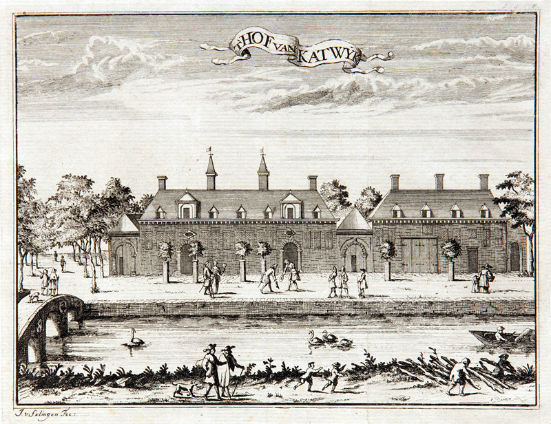Hof van Katwijk in 1737, Kopergravure J. van Solingen. Collectie Genootschap Oud Katwijk , Inv. nr. 5055