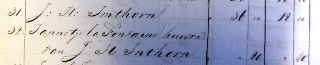 Uit het boek van de schuldeisers van de gemeente Katwijk 1821. De vordering van Justus Hendrik is f. 36,- en van Jannetje f. 0,80.